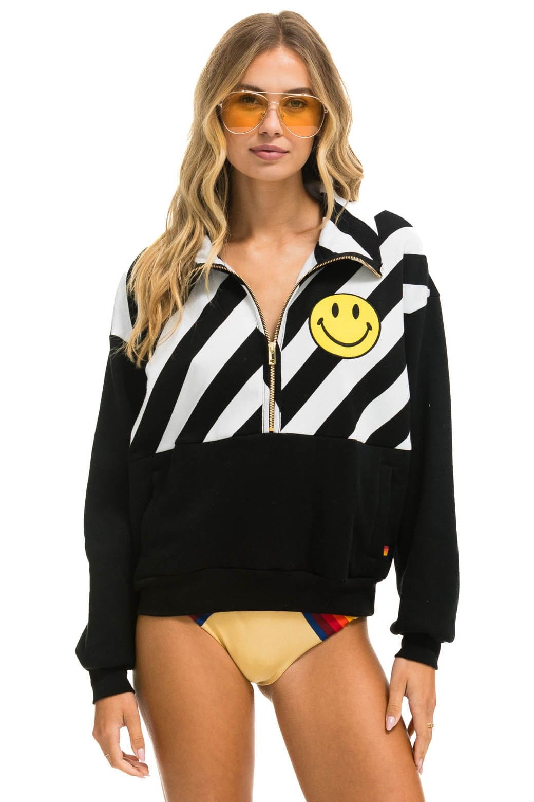 Retro CAUTION SMILEY 2 EMBROIDERY FLEECE HALF ZIP SWEATSHIRT - BLACK WHITE