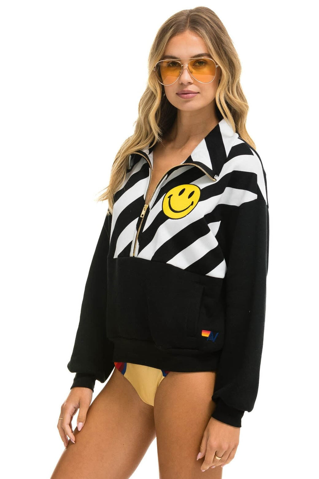 Retro CAUTION SMILEY 2 EMBROIDERY FLEECE HALF ZIP SWEATSHIRT - BLACK WHITE