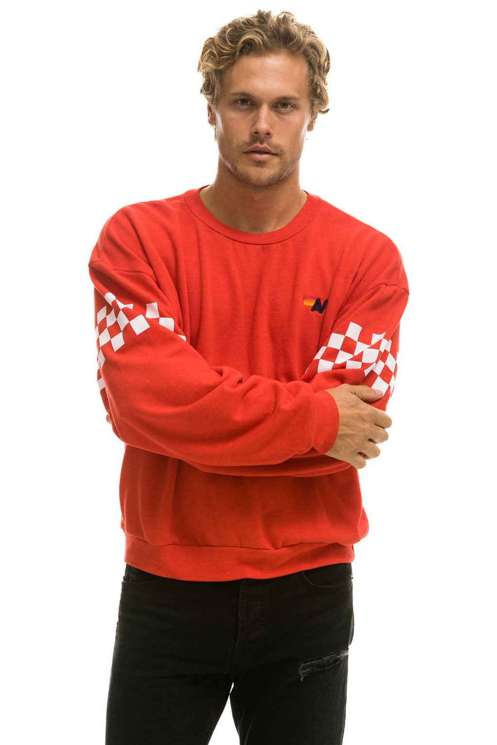 Retro CHECK 2 SLEEVE RELAXED CREW SWEATSHIRT - RED WHITE