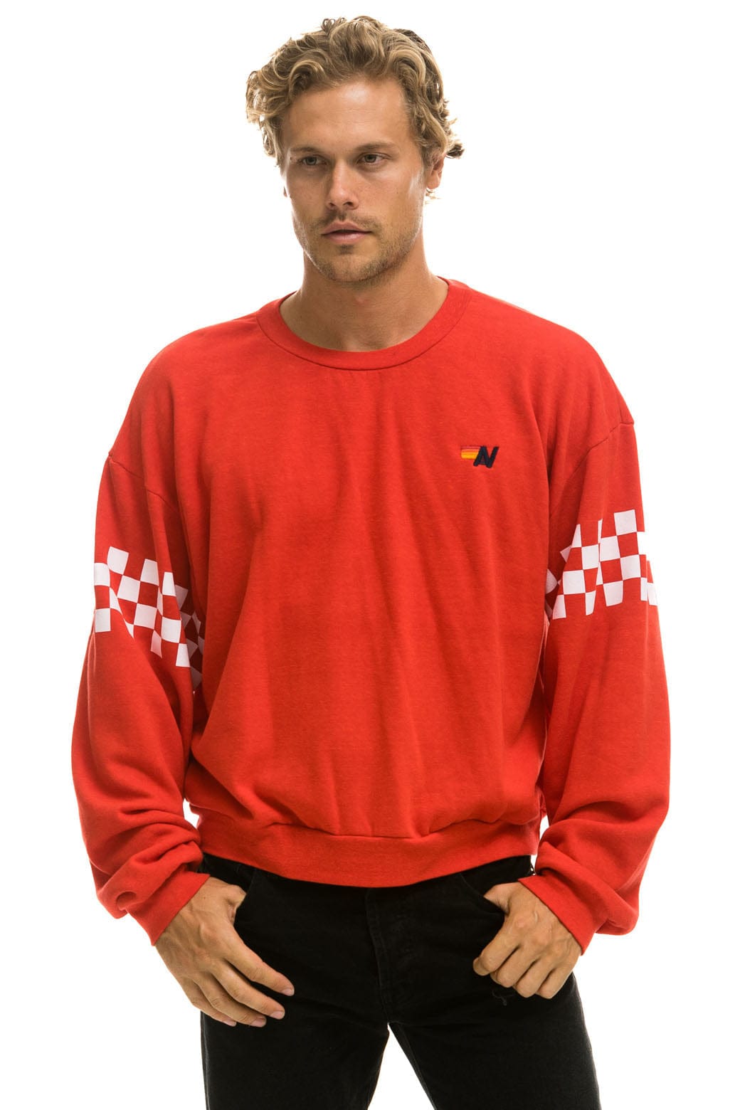 Retro CHECK 2 SLEEVE RELAXED CREW SWEATSHIRT - RED WHITE
