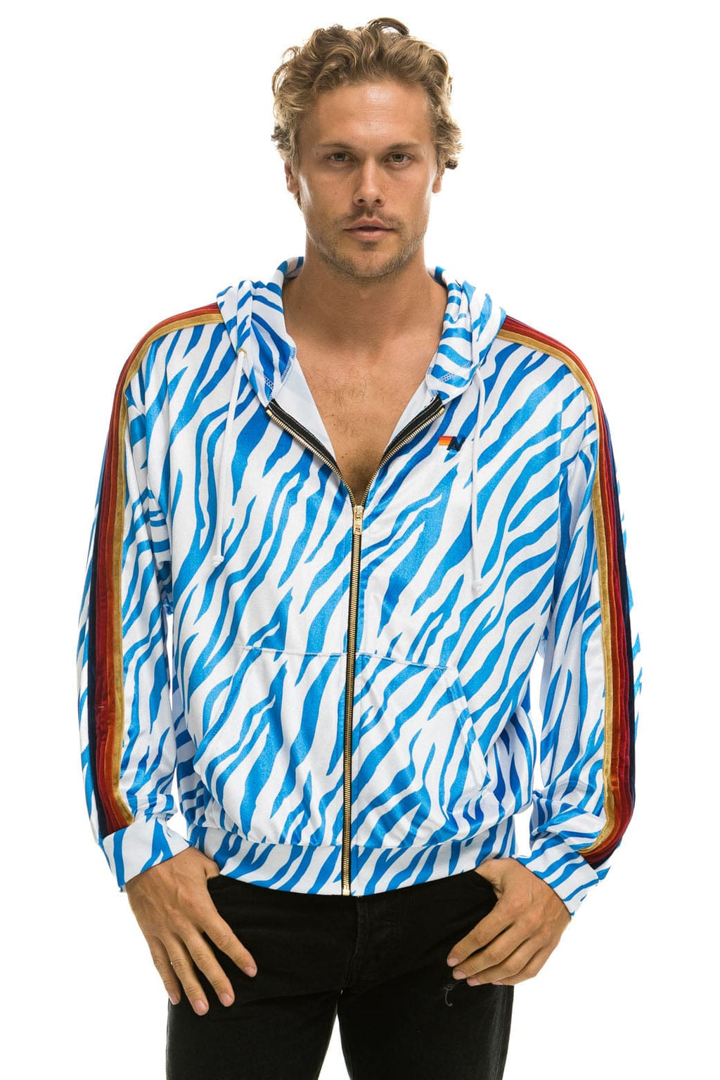 Retro CLASSIC VELVET RELAXED ZIP HOODIE - BLUE TIGER