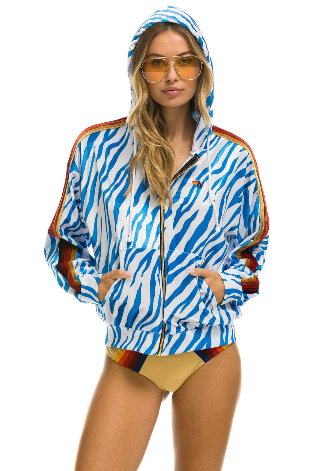 Retro CLASSIC VELVET RELAXED ZIP HOODIE - BLUE TIGER