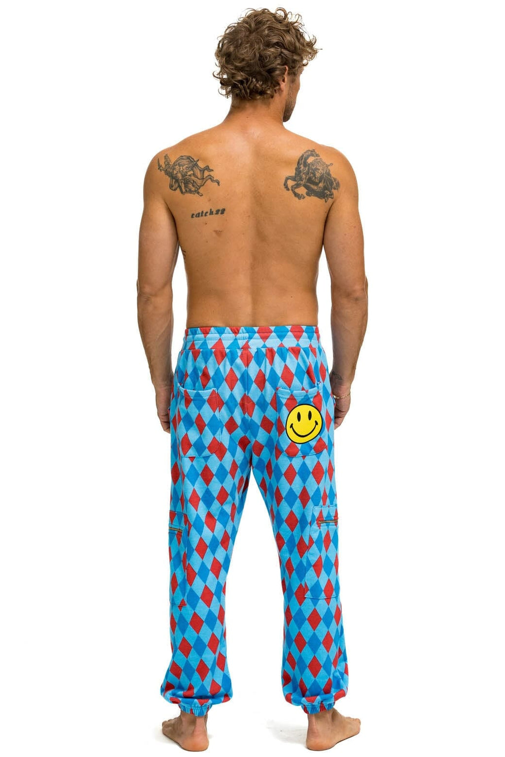 Retro DIAMOND REPEAT SMILEY 2 EMBROIDERY SWEATPANTS - SKY