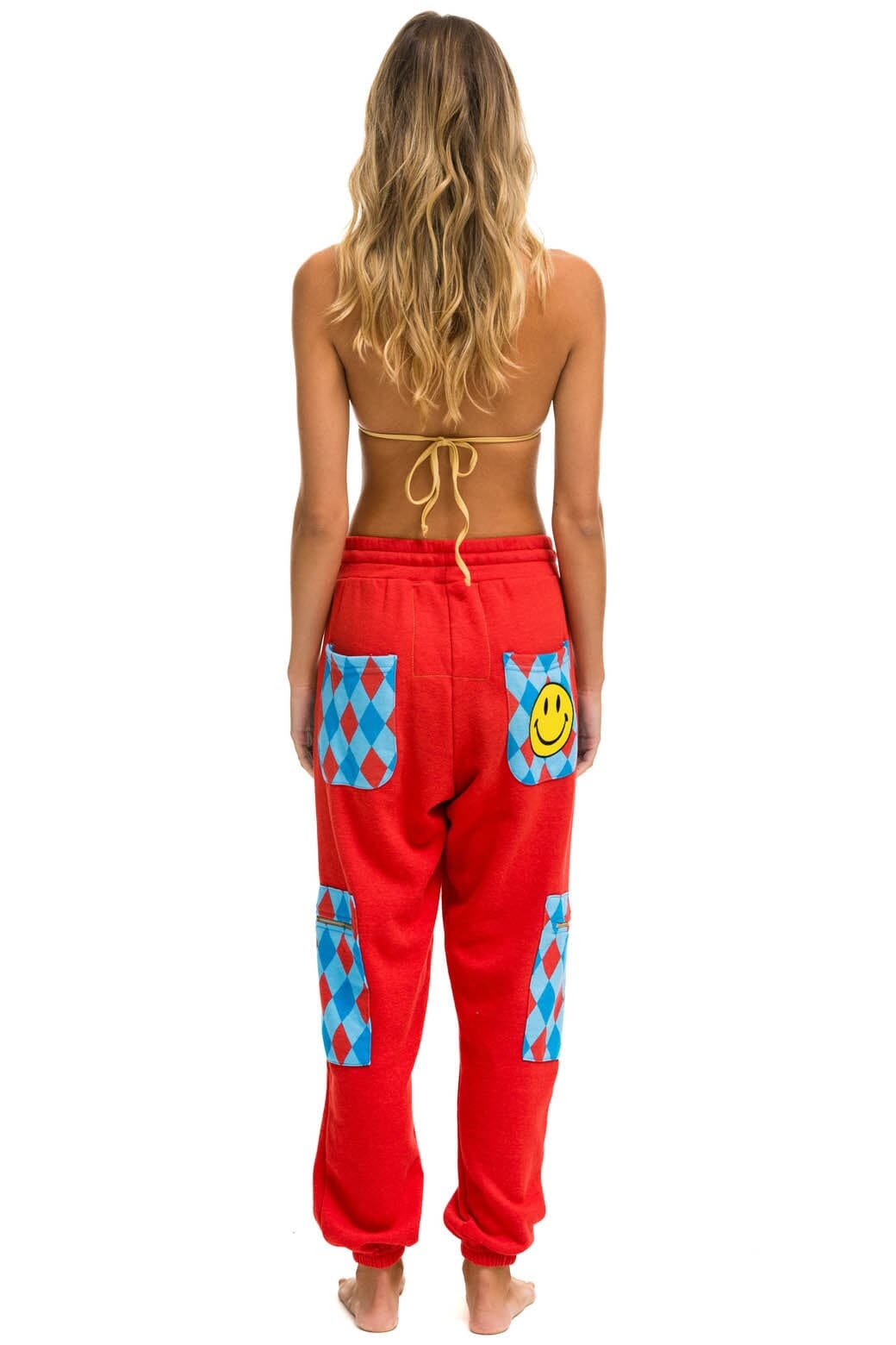 Retro DIAMOND SMILEY 2 EMBROIDERY CARGO COLOR BLOCK SWEATPANTS - RED SKY