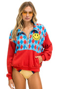 Retro DIAMOND SMILEY 2 FLEECE HALF ZIP COLOR BLOCK SWEATSHIRT - RED SKY