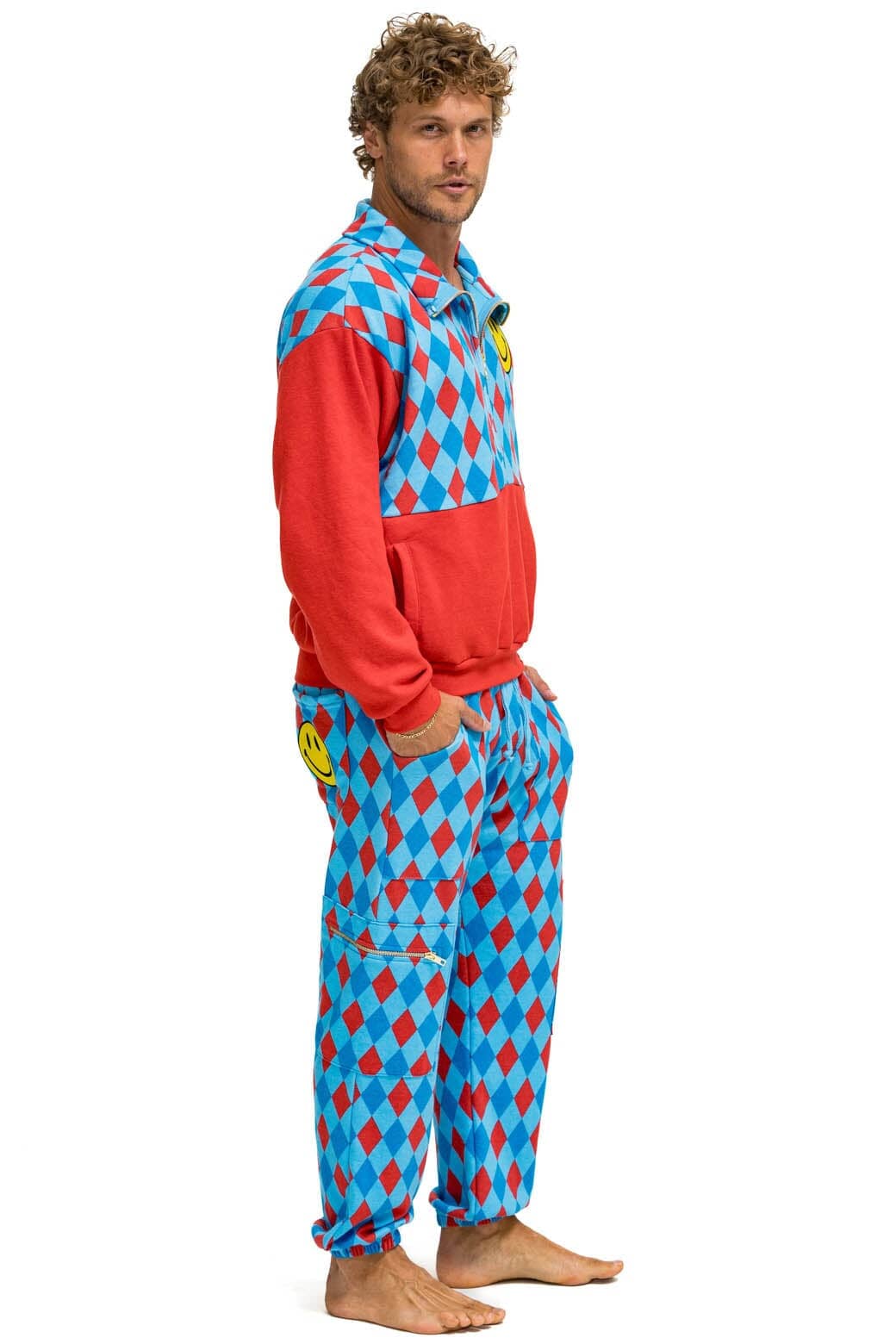 Retro DIAMOND SMILEY 2 FLEECE HALF ZIP COLOR BLOCK SWEATSHIRT - RED SKY