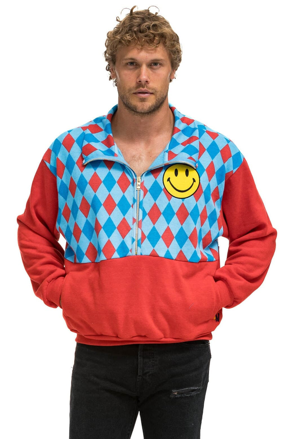 Retro DIAMOND SMILEY 2 FLEECE HALF ZIP COLOR BLOCK SWEATSHIRT - RED SKY
