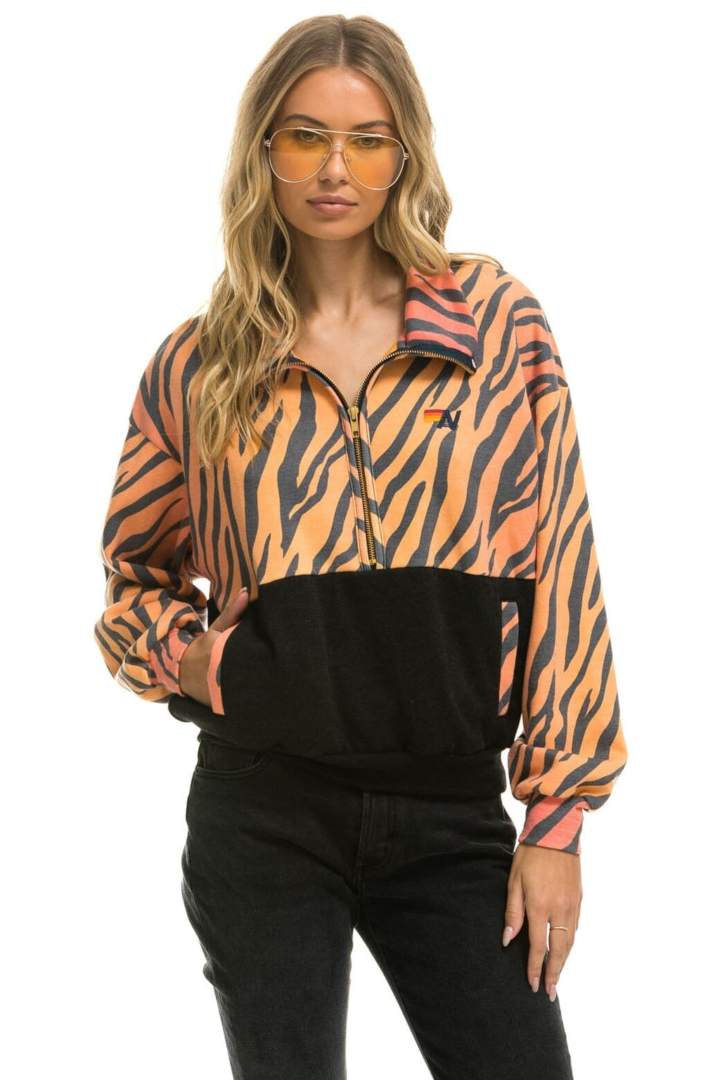 Retro FLEECE UNISEX HALF ZIP COLOR BLOCK JACKET - TIGER