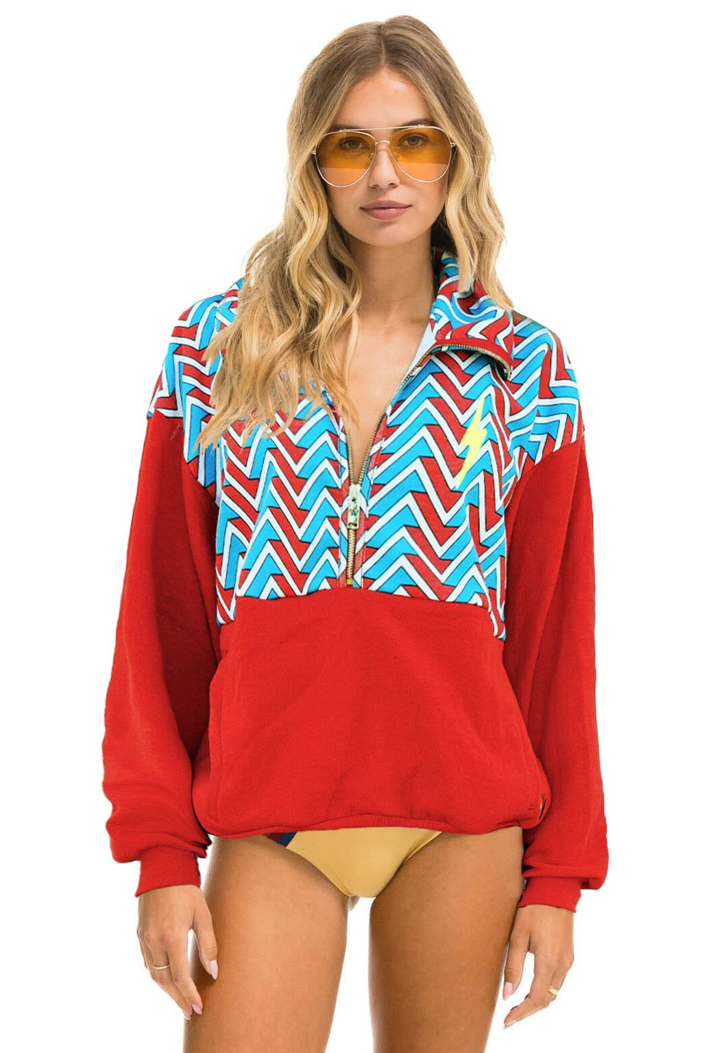 Retro GEO ZIG BOLT EMBROIDERY FLEECE HALF ZIP COLOR BLOCK SWEATSHIRT - RED BLUE