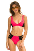 Retro HI-WAISTED SIDE CUT OUT COLOR BLOCK CHEEKY BIKINI BOTTOMS - RED BLACK