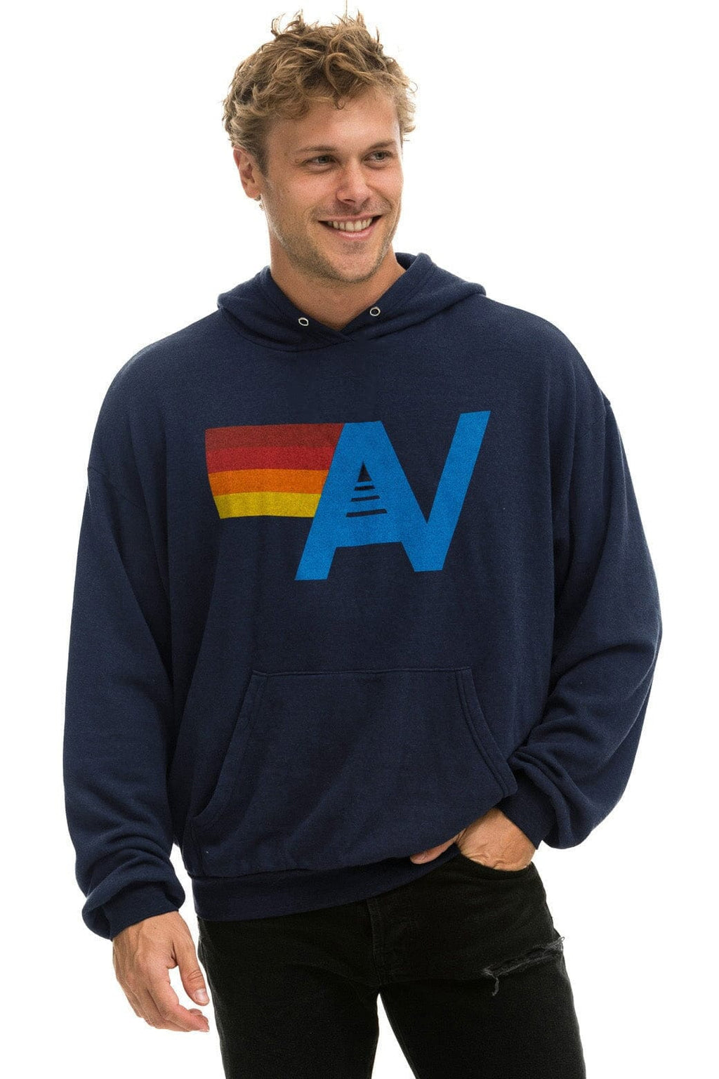 Retro LOGO PULLOVER RELAXED HOODIE - NAVY