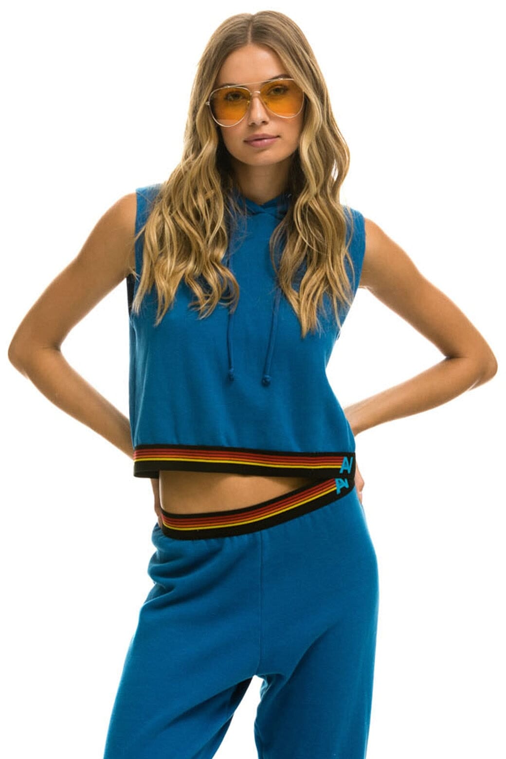Retro LOGO STRIPE SLEEVELESS CROP PULLOVER HOODIE - CARIBBEAN