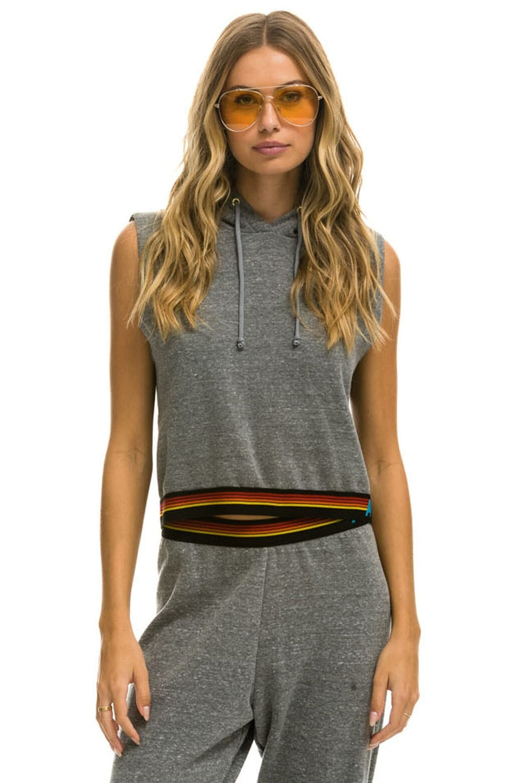 Retro LOGO STRIPE SLEEVELESS CROP PULLOVER HOODIE - HEATHER GREY