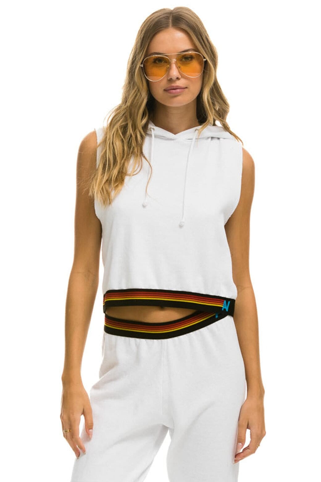 Retro LOGO STRIPE SLEEVELESS CROP PULLOVER HOODIE - WHITE