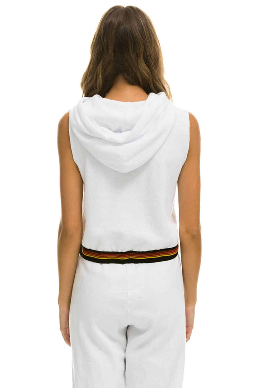 Retro LOGO STRIPE SLEEVELESS CROP PULLOVER HOODIE - WHITE