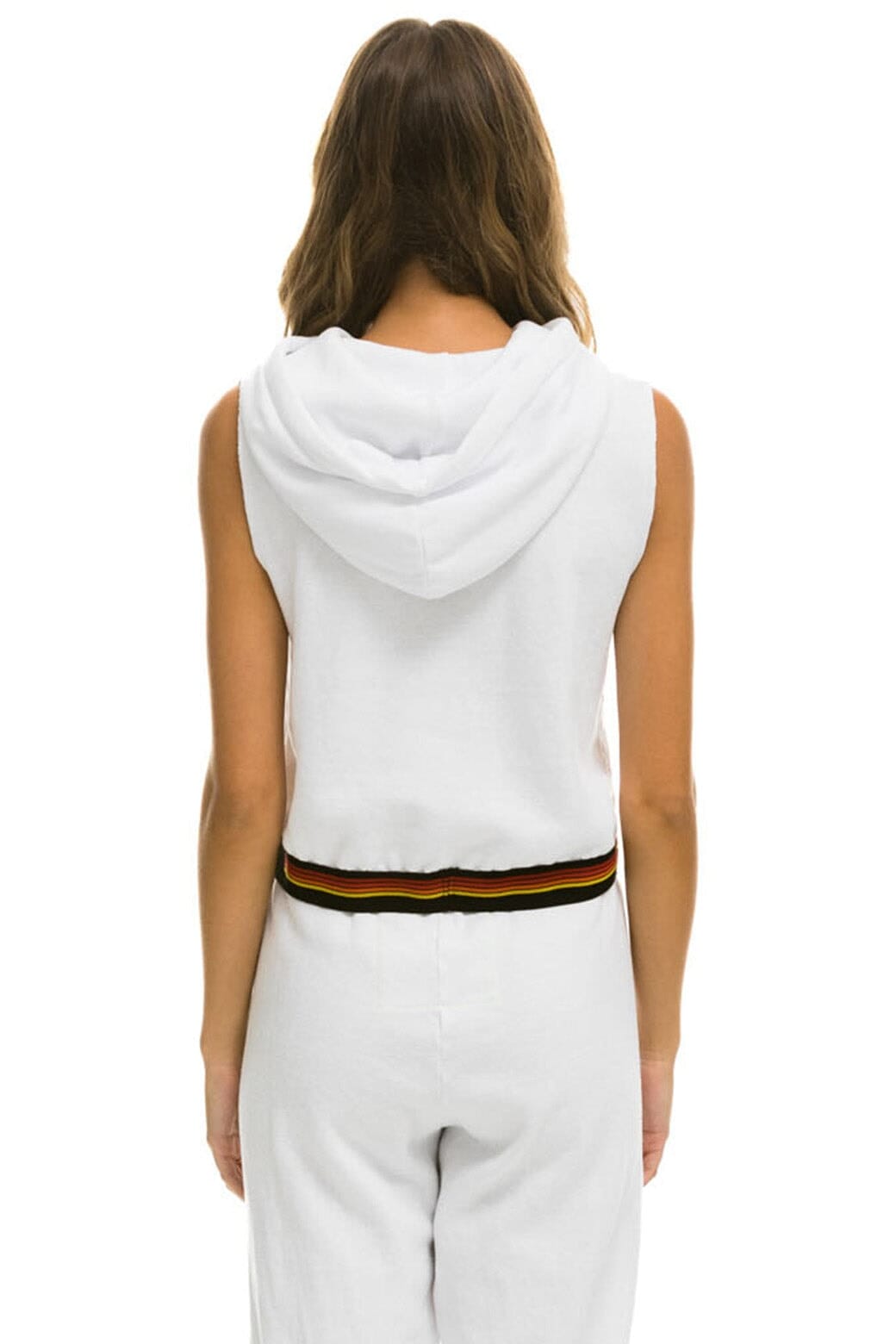 Retro LOGO STRIPE SLEEVELESS CROP PULLOVER HOODIE - WHITE