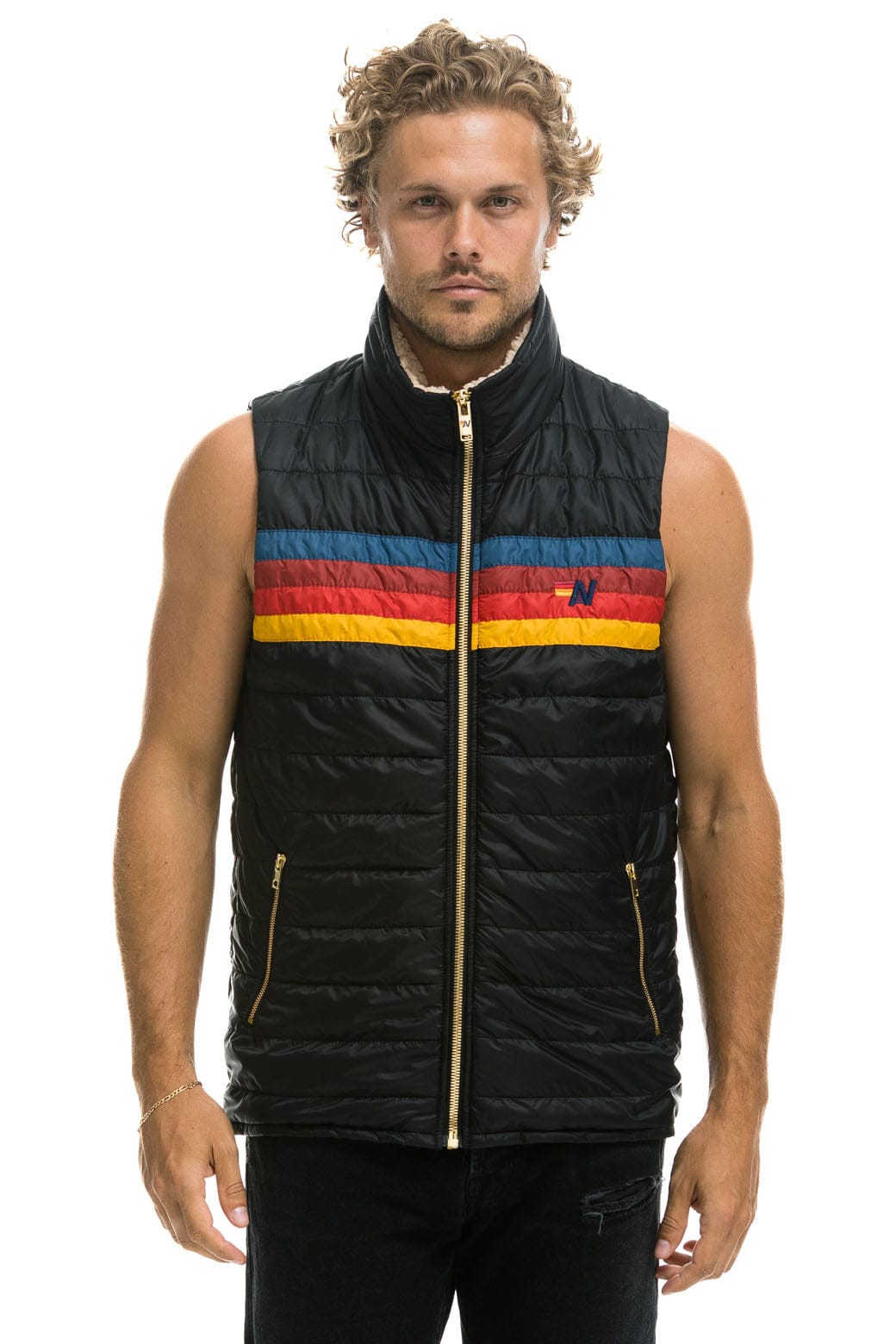 Retro MENS 4 STRIPE VEST SHERPA - BLACK