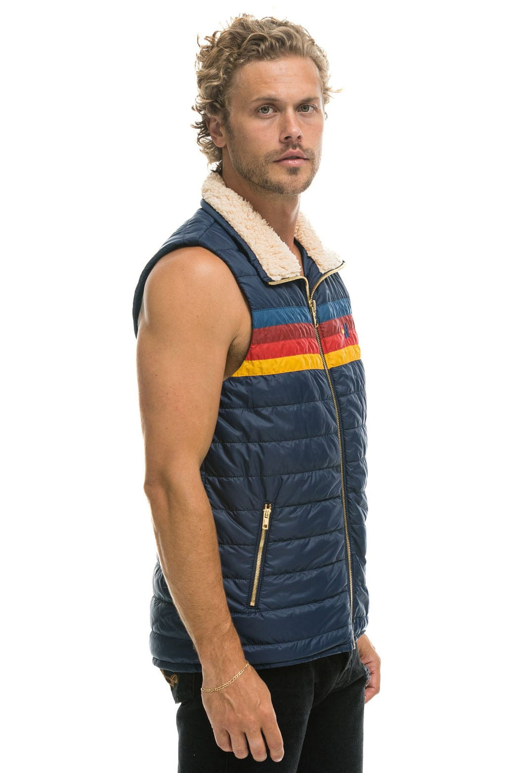 Retro MENS 4 STRIPE VEST SHERPA - NAVY