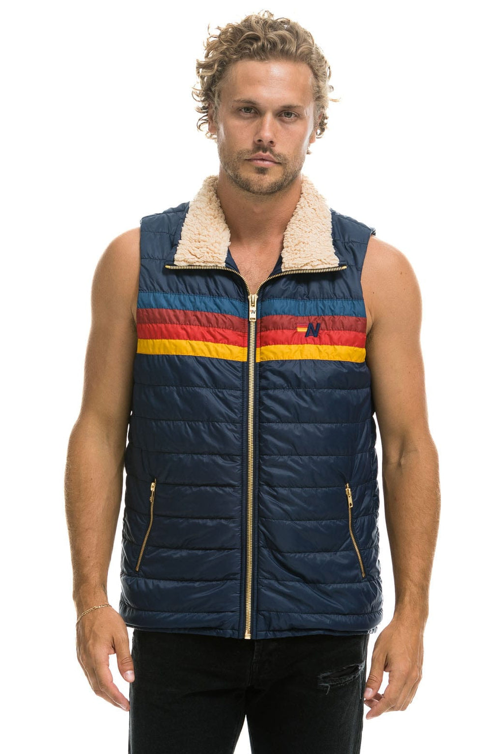 Retro MENS 4 STRIPE VEST SHERPA - NAVY