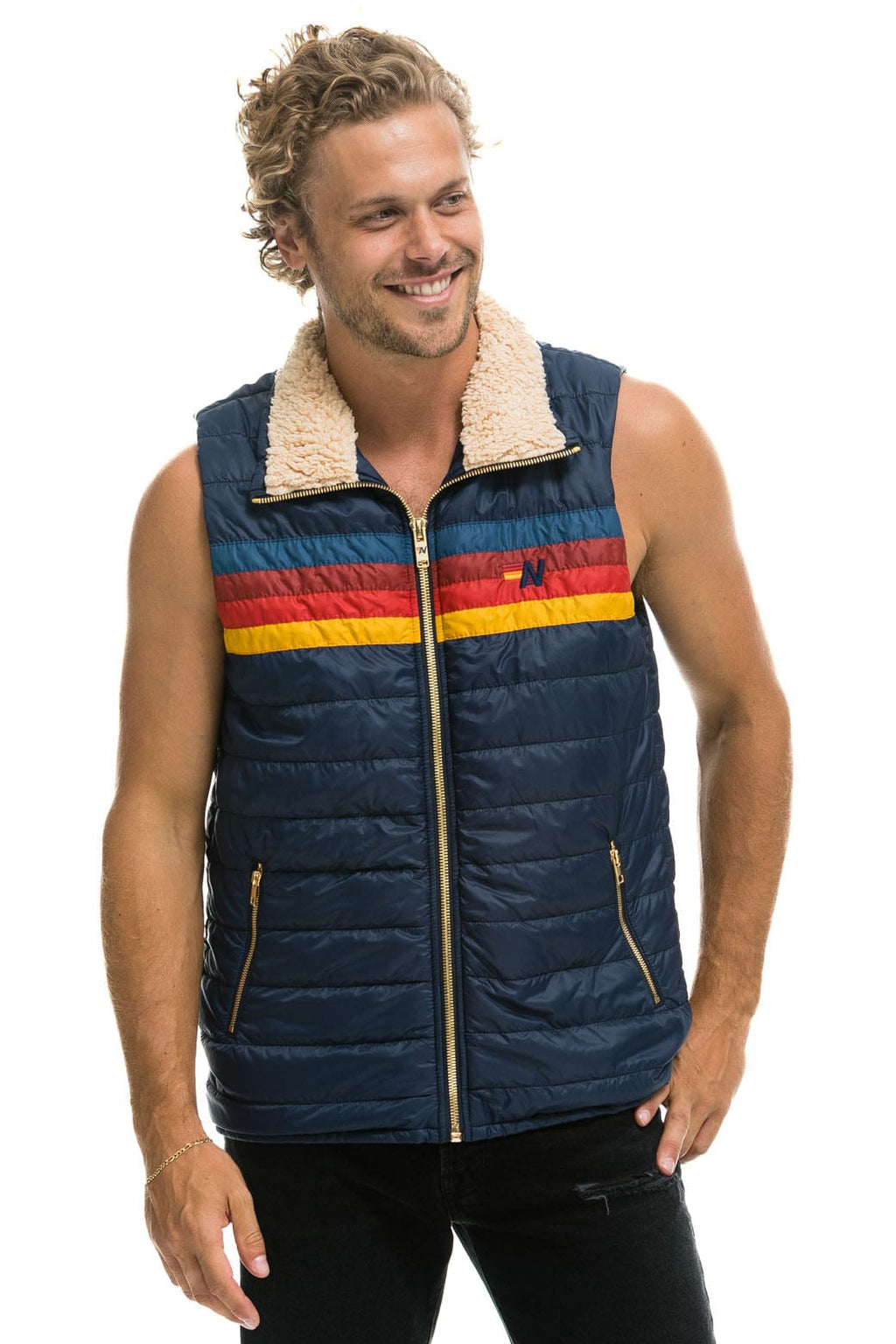 Retro MENS 4 STRIPE VEST SHERPA - NAVY