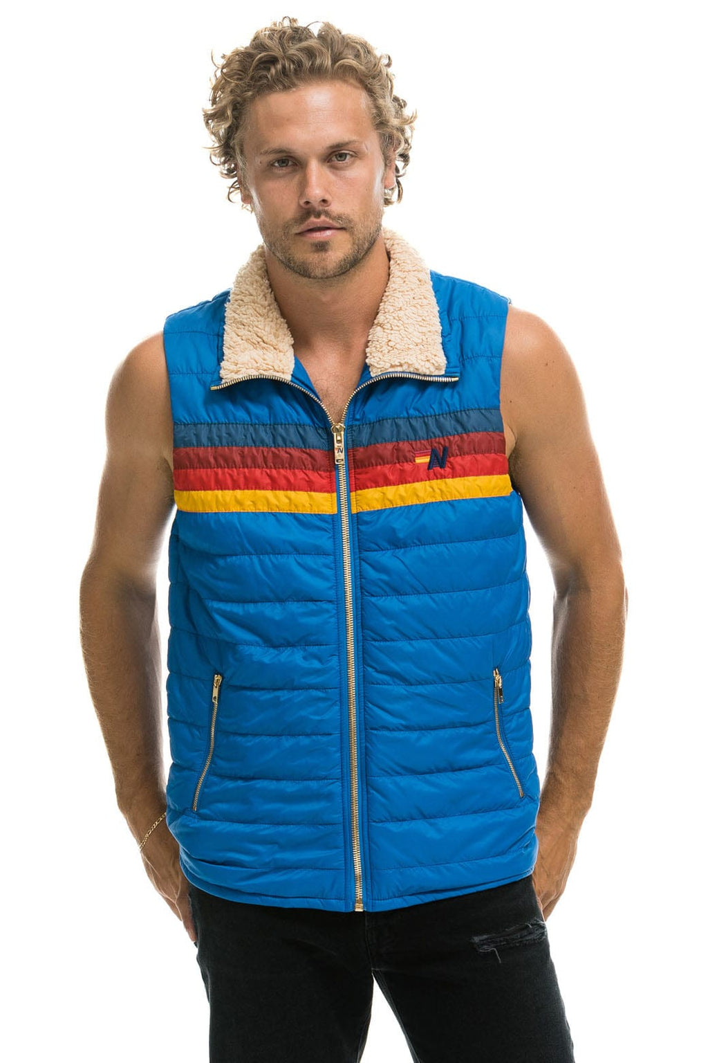 Retro MENS 4 STRIPE VEST SHERPA- SNORKEL BLUE