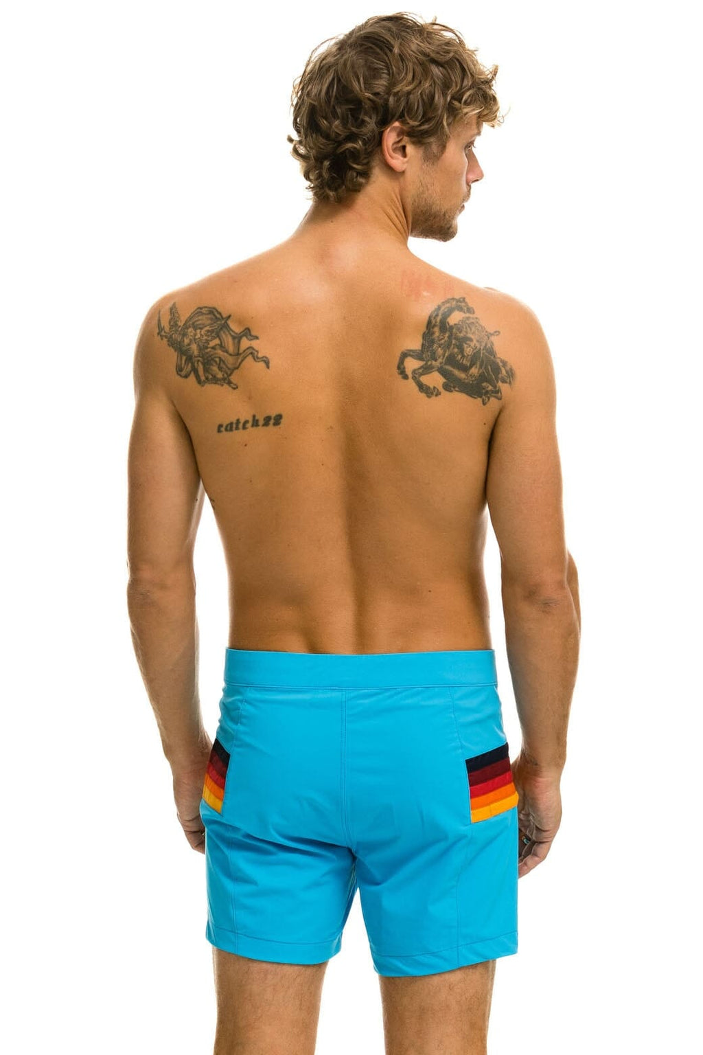 Retro MENS HORIZONTAL 5 STRIPE FLEX SHORTS - NEON BLUE