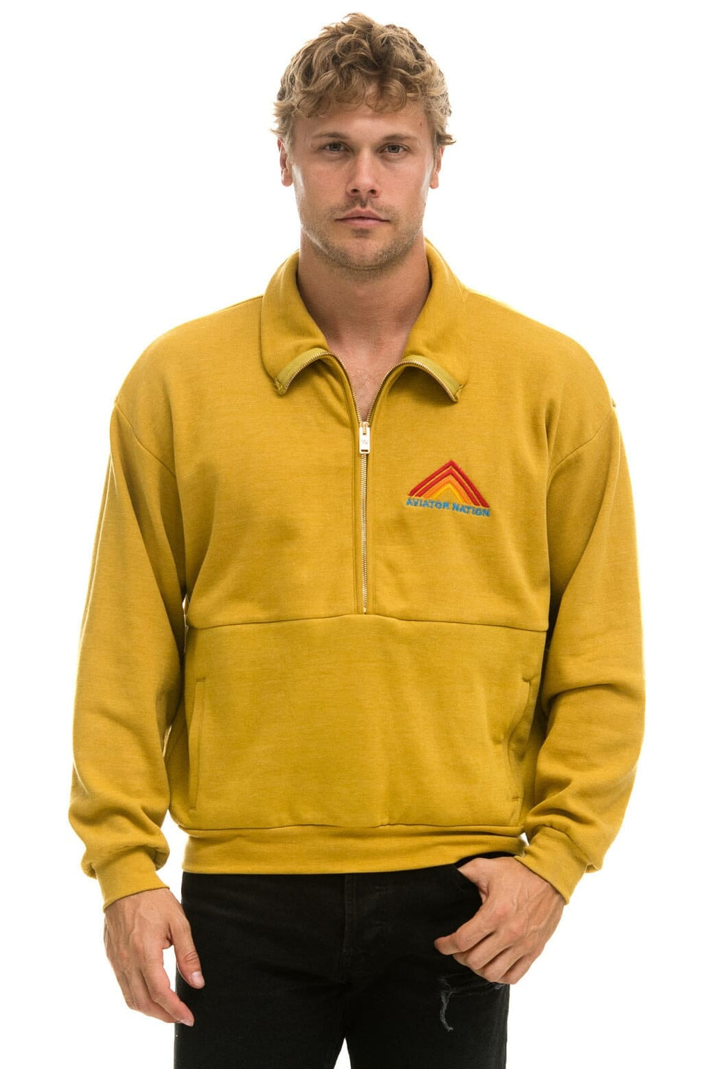 Retro MOUNTAIN EMBROIDERY HALF ZIP SWEATSHIRT - KHAKI
