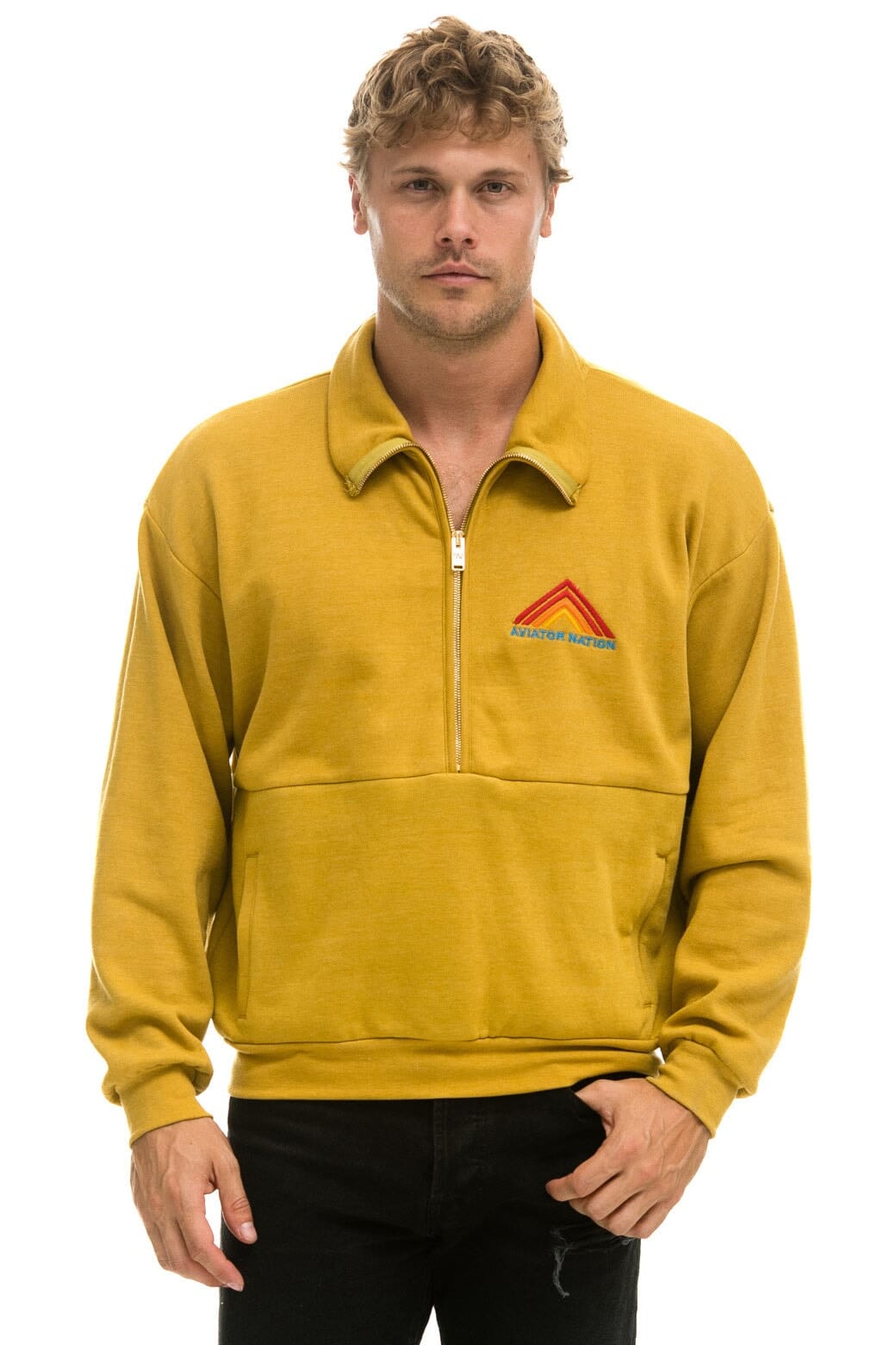 Retro MOUNTAIN EMBROIDERY HALF ZIP SWEATSHIRT - KHAKI