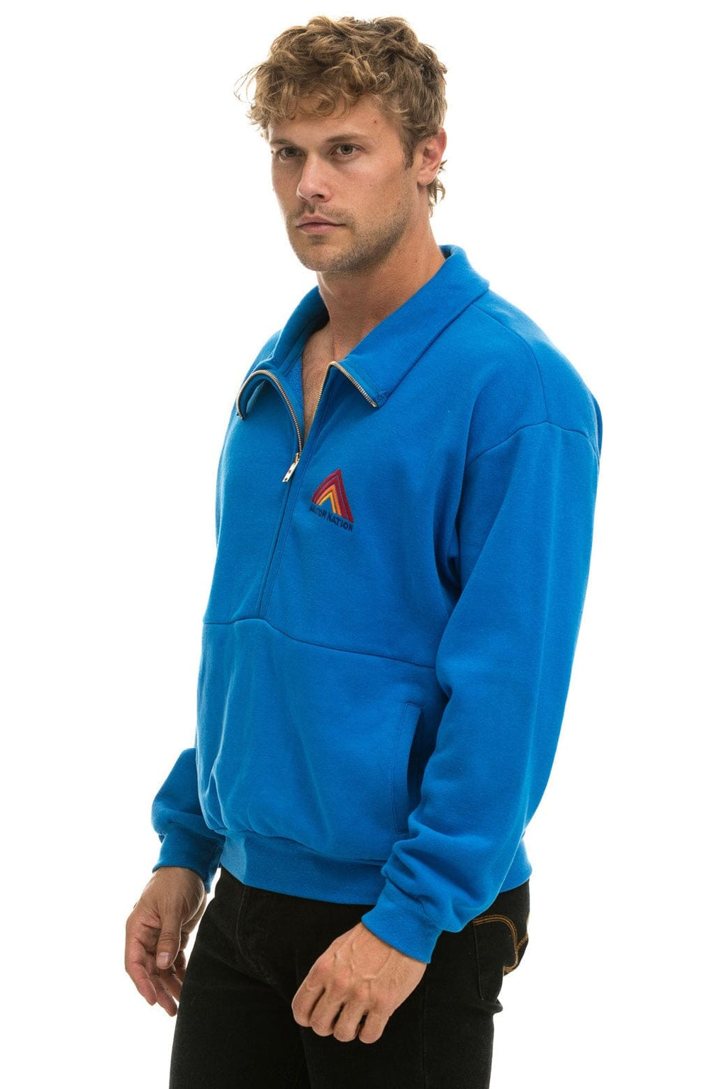 Retro MOUNTAIN EMBROIDERY HALF ZIP SWEATSHIRT - OCEAN