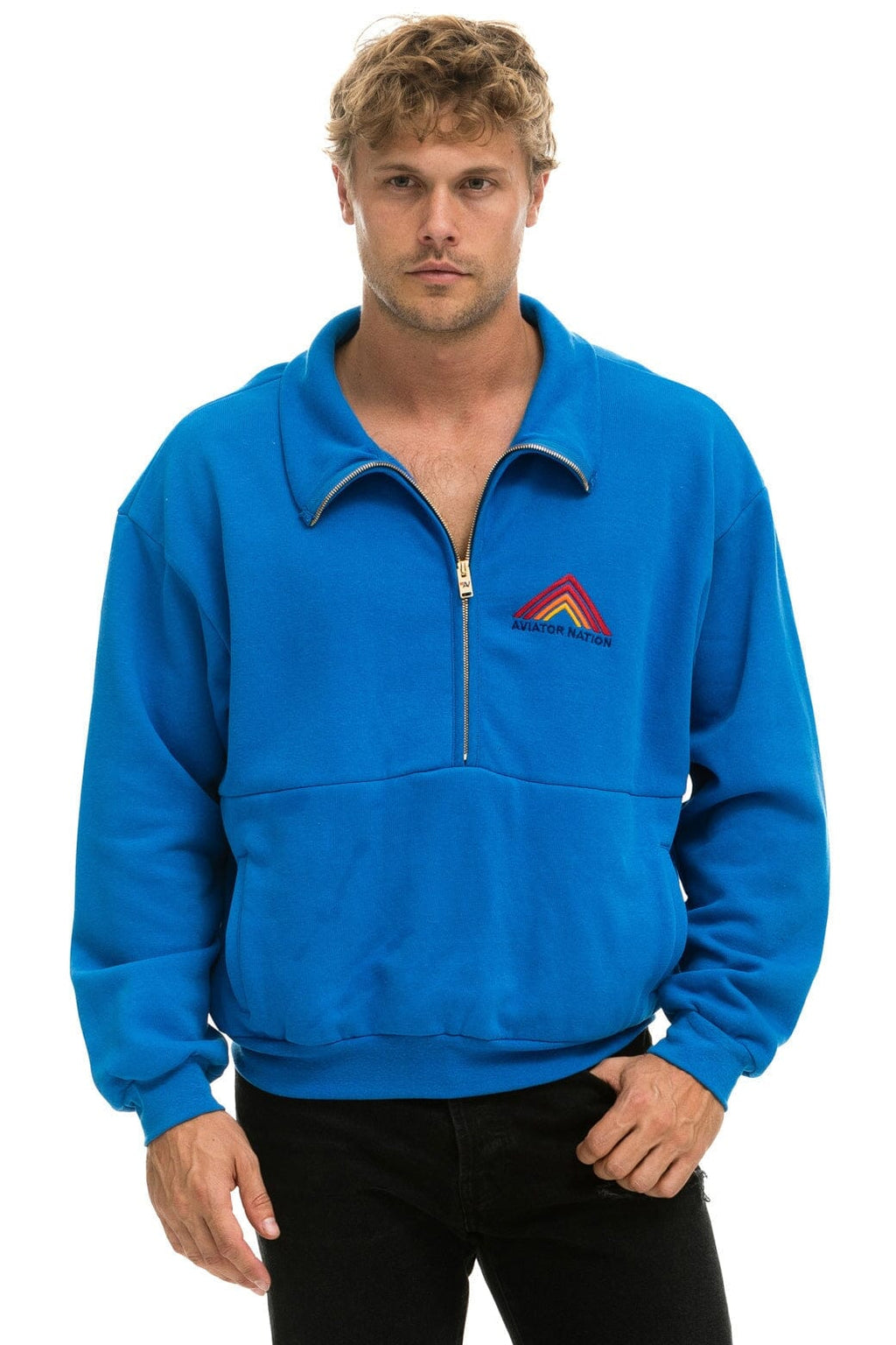 Retro MOUNTAIN EMBROIDERY HALF ZIP SWEATSHIRT - OCEAN