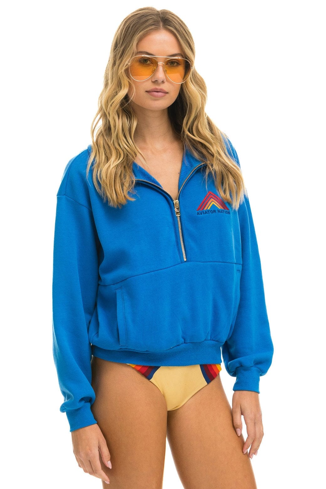 Retro MOUNTAIN EMBROIDERY HALF ZIP SWEATSHIRT - OCEAN