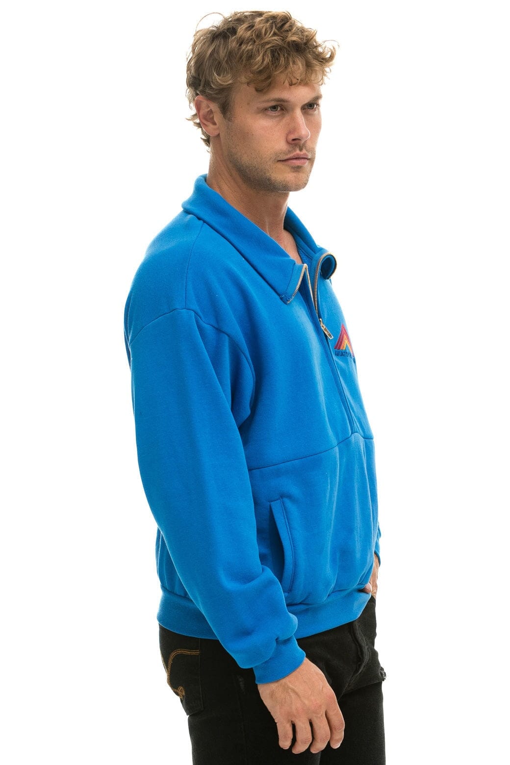 Retro MOUNTAIN EMBROIDERY HALF ZIP SWEATSHIRT - OCEAN