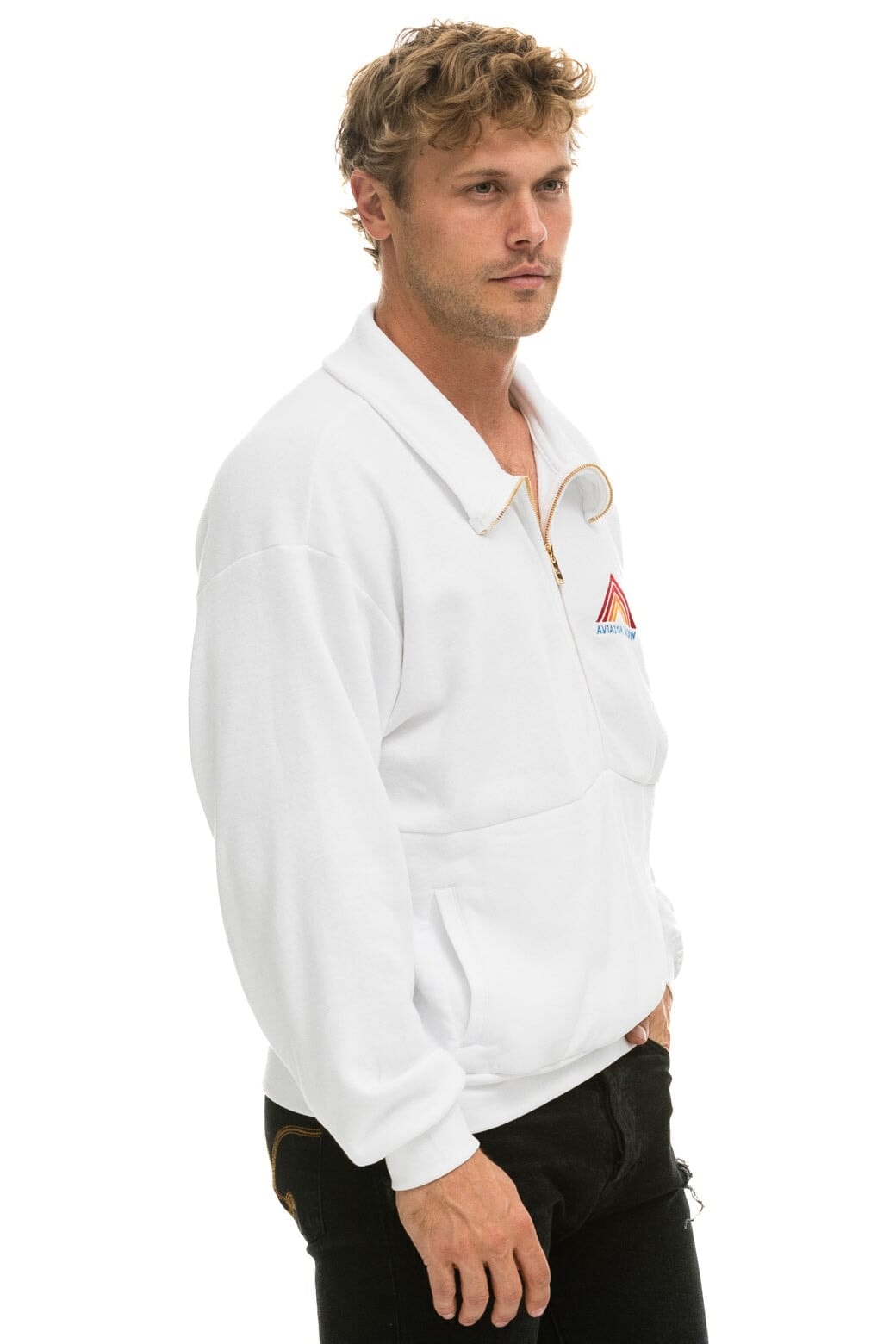 Retro MOUNTAIN EMBROIDERY HALF ZIP SWEATSHIRT - WHITE