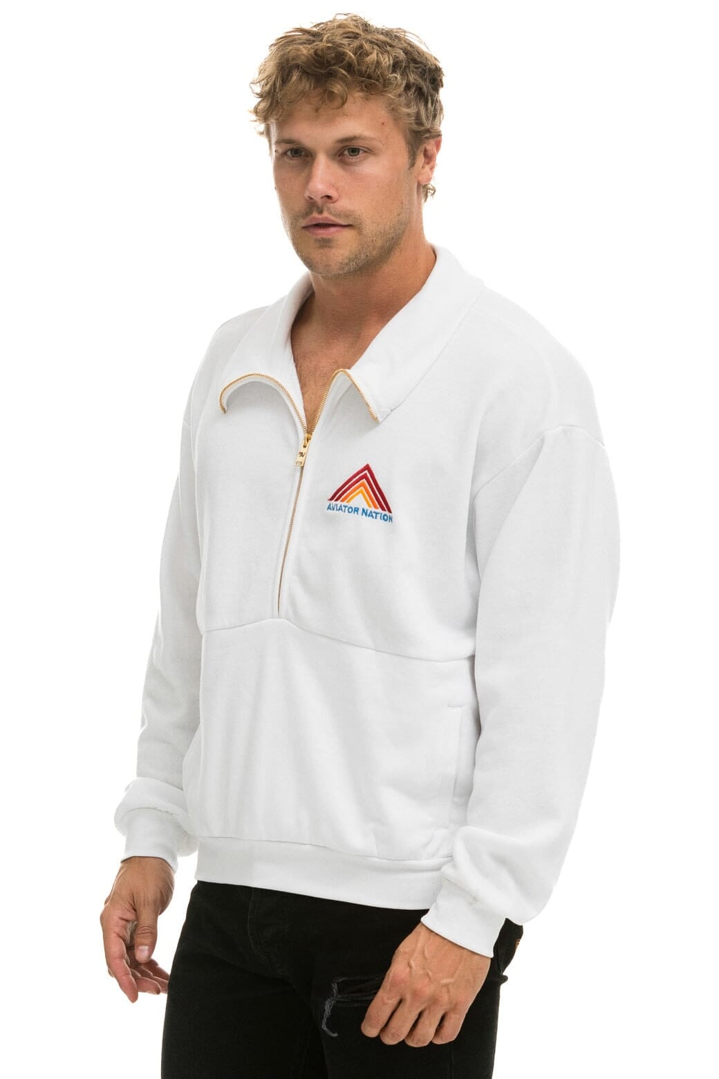 Retro MOUNTAIN EMBROIDERY HALF ZIP SWEATSHIRT - WHITE