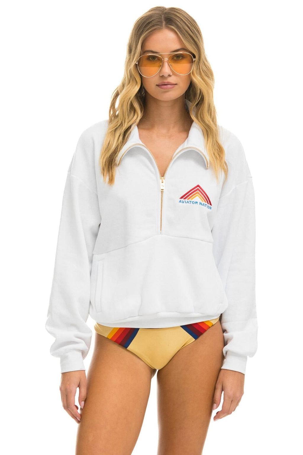 Retro MOUNTAIN EMBROIDERY HALF ZIP SWEATSHIRT - WHITE