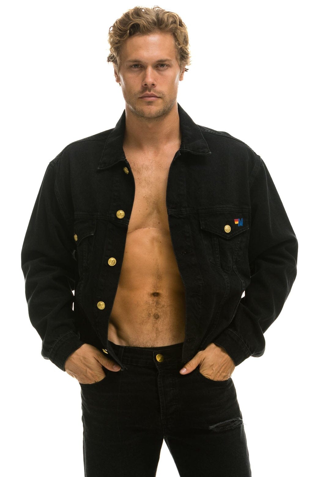 Retro RAINBOW BOLT OVERSIZED CROP DENIM JACKET - VINTAGE BLACK