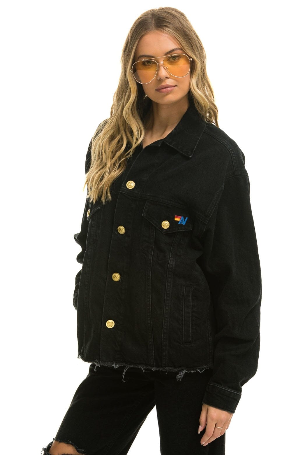 Retro RAINBOW BOLT OVERSIZED CROP DENIM JACKET - VINTAGE BLACK