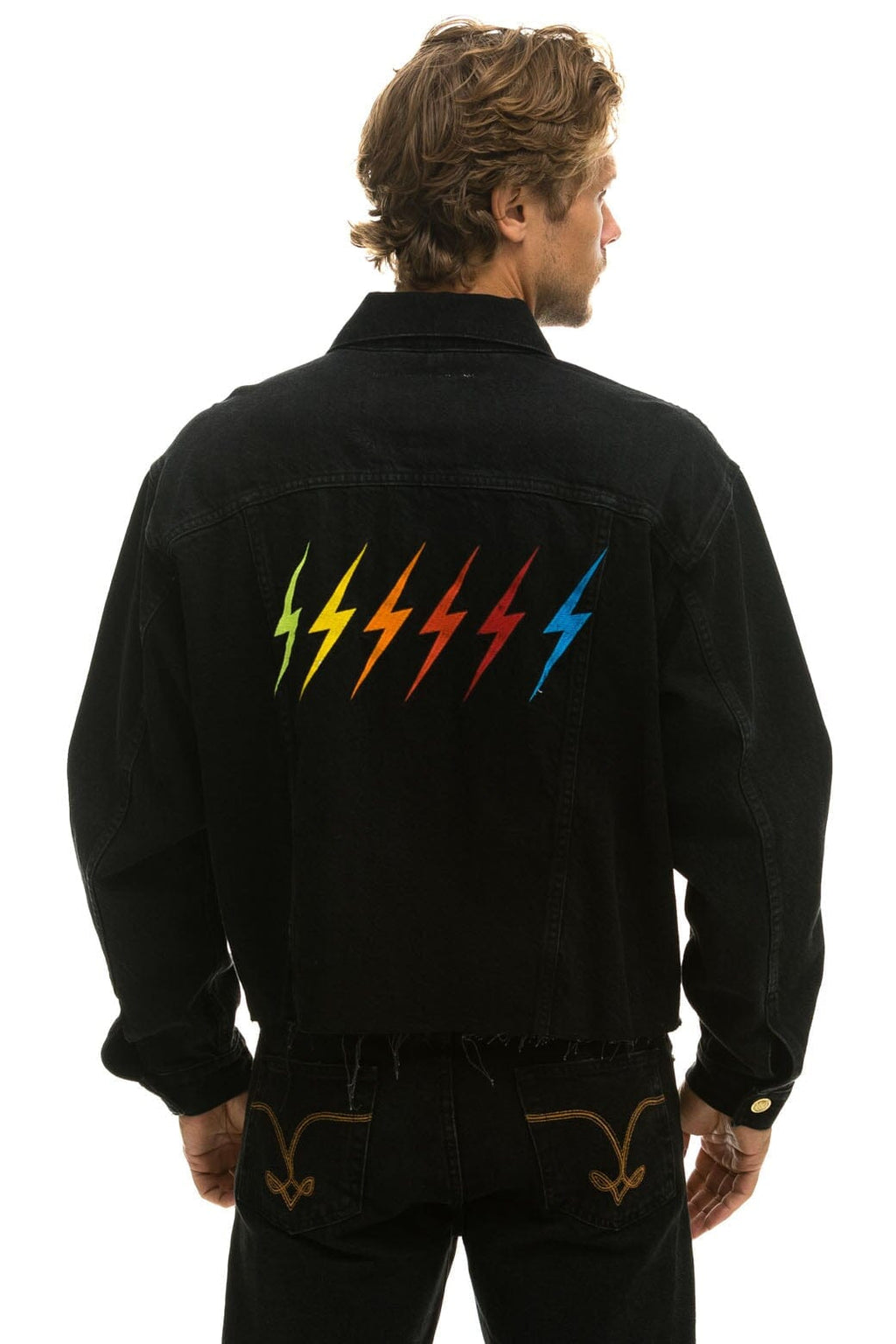Retro RAINBOW BOLT OVERSIZED CROP DENIM JACKET - VINTAGE BLACK