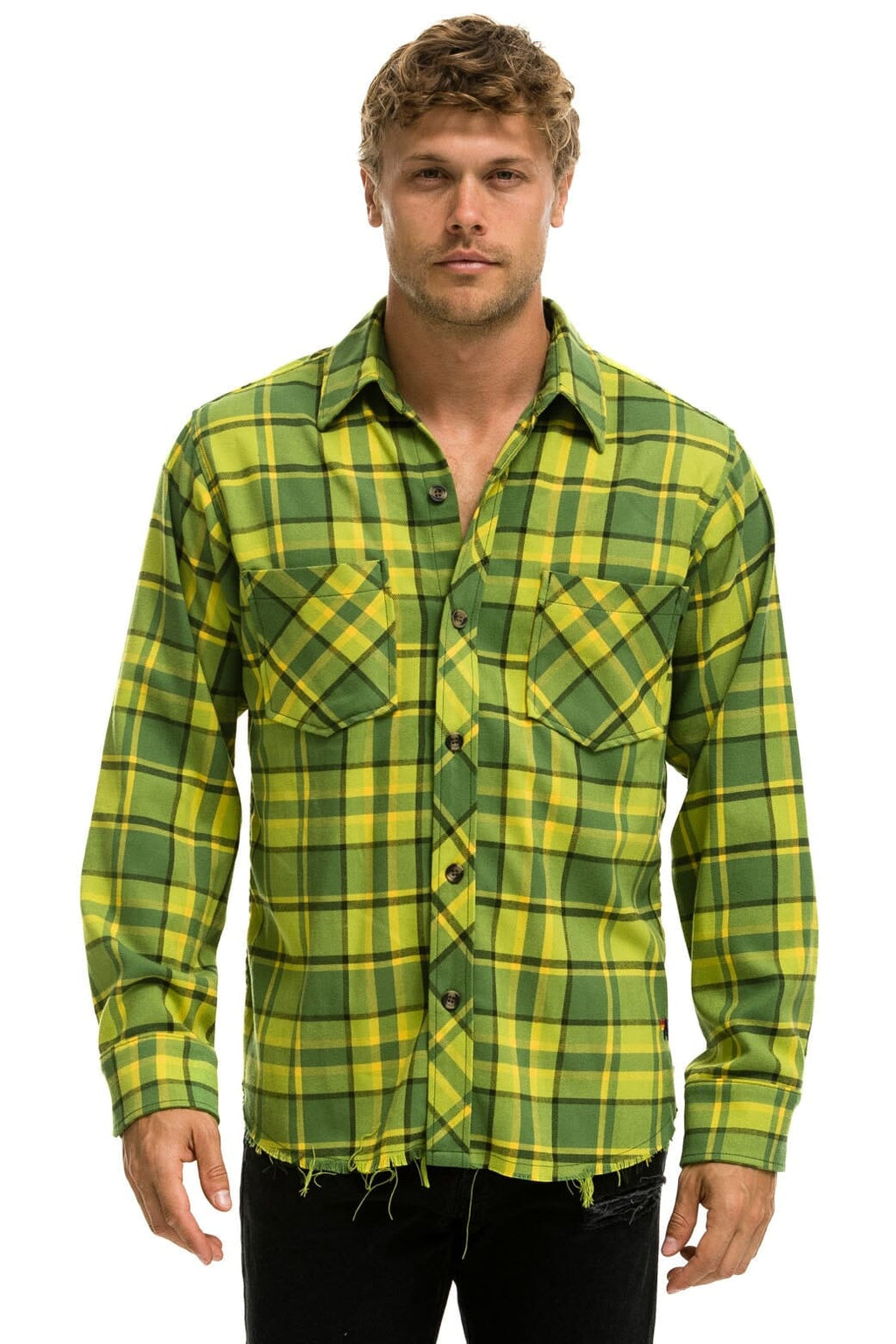 Retro PLAID FLANNEL LIGHT WEIGHT UNISEX WESTERN SHIRT - AVOCADO PLAID