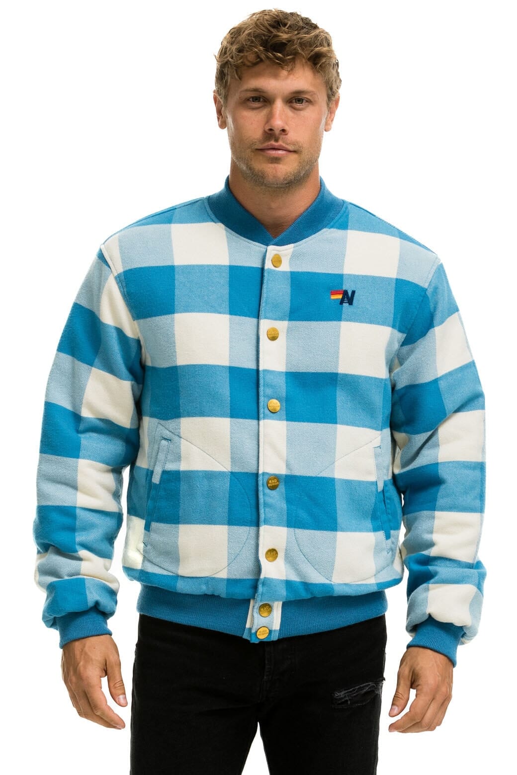 Retro PLAID UNISEX VARSITY JACKET - SKY PLAID
