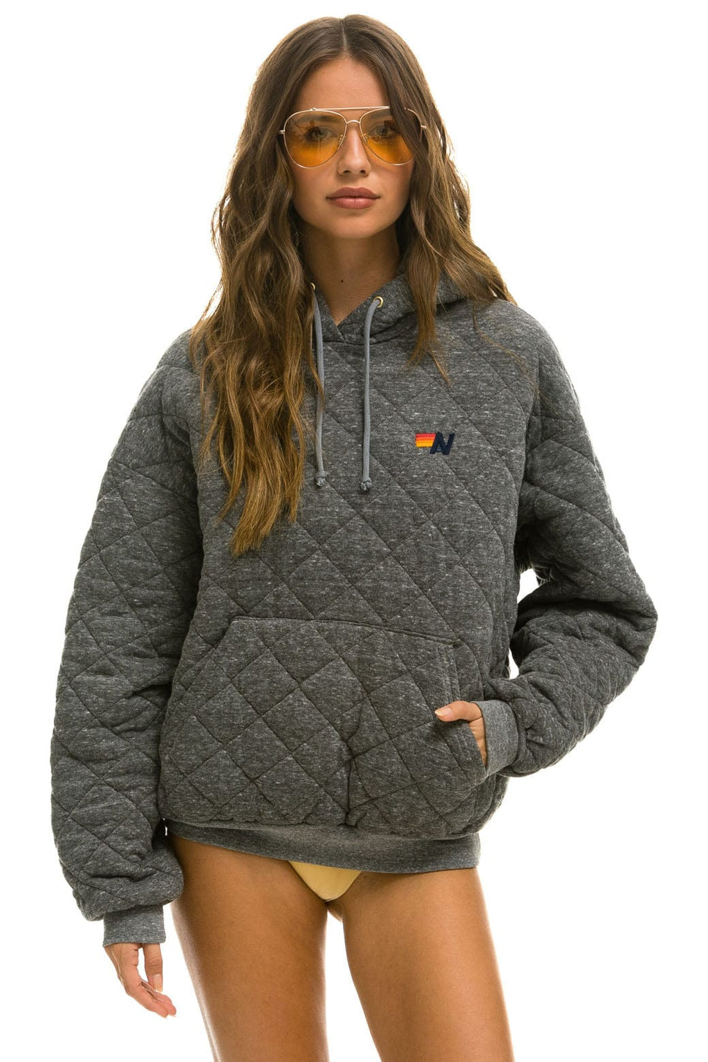 Retro QUILTED RELAXED PULLOVER HOODIE - HEATHER GREY