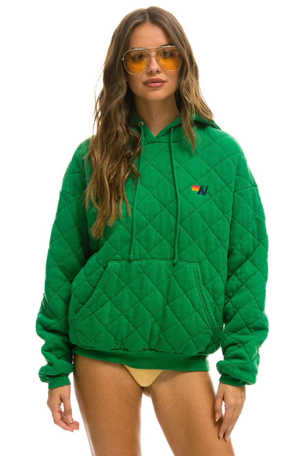 Retro QUILTED RELAXED PULLOVER HOODIE - KELLY GREEN