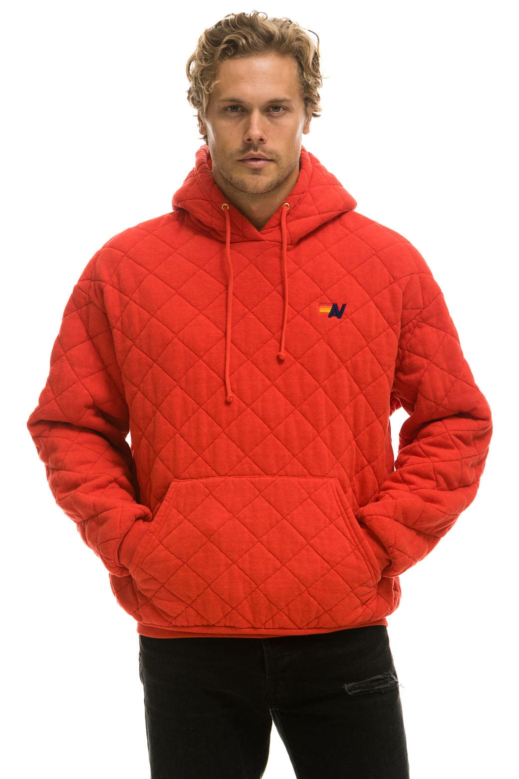Retro QUILTED RELAXED PULLOVER HOODIE - RED