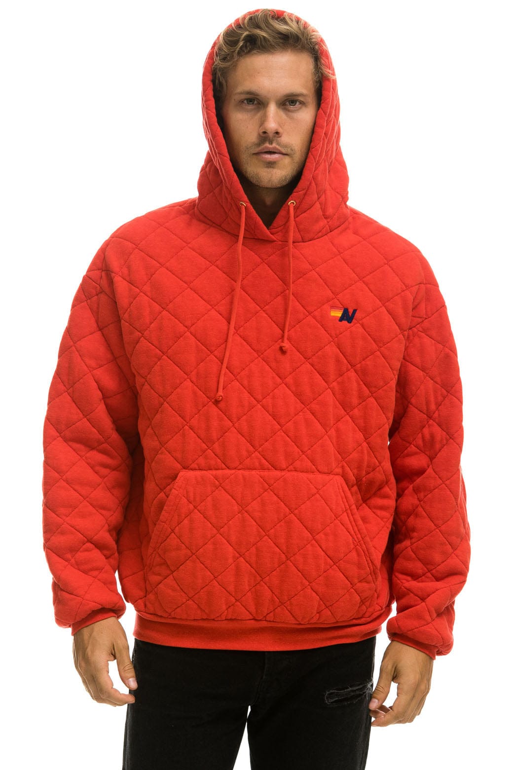 Retro QUILTED RELAXED PULLOVER HOODIE - RED