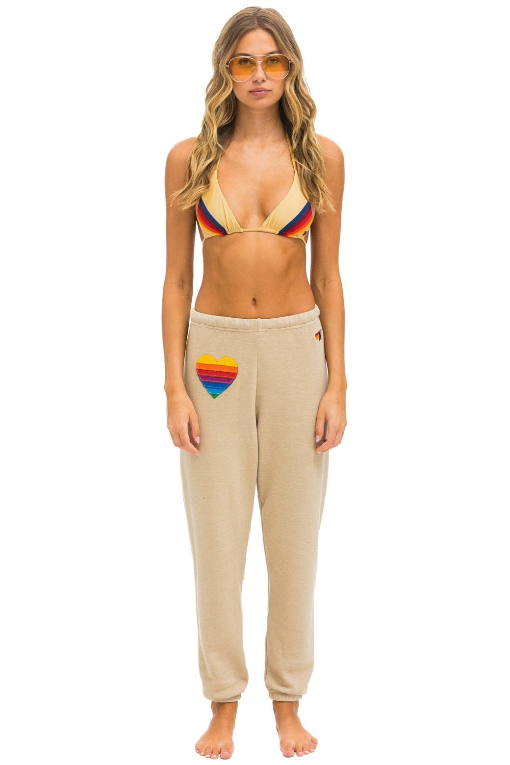 Retro RAINBOW HEART STITCH SWEATPANTS - SAND