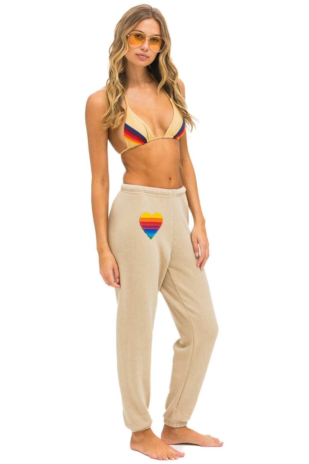 Retro RAINBOW HEART STITCH SWEATPANTS - SAND