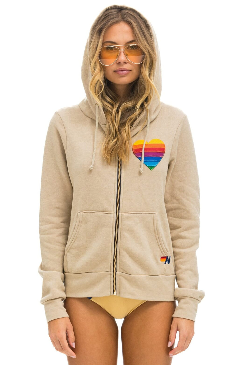 Retro RAINBOW HEART STITCH ZIP HOODIE - SAND