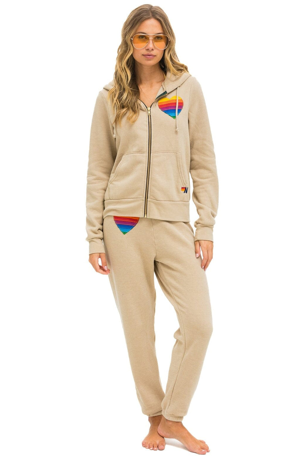 Retro RAINBOW HEART STITCH ZIP HOODIE - SAND