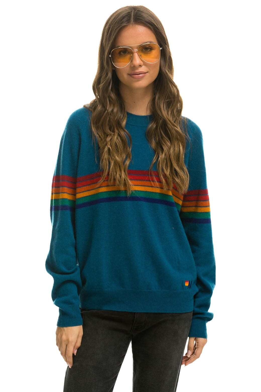 Retro RAINBOW STRIPE 6 UNISEX LIGHT CASHMERE SWEATER - PEACOCK