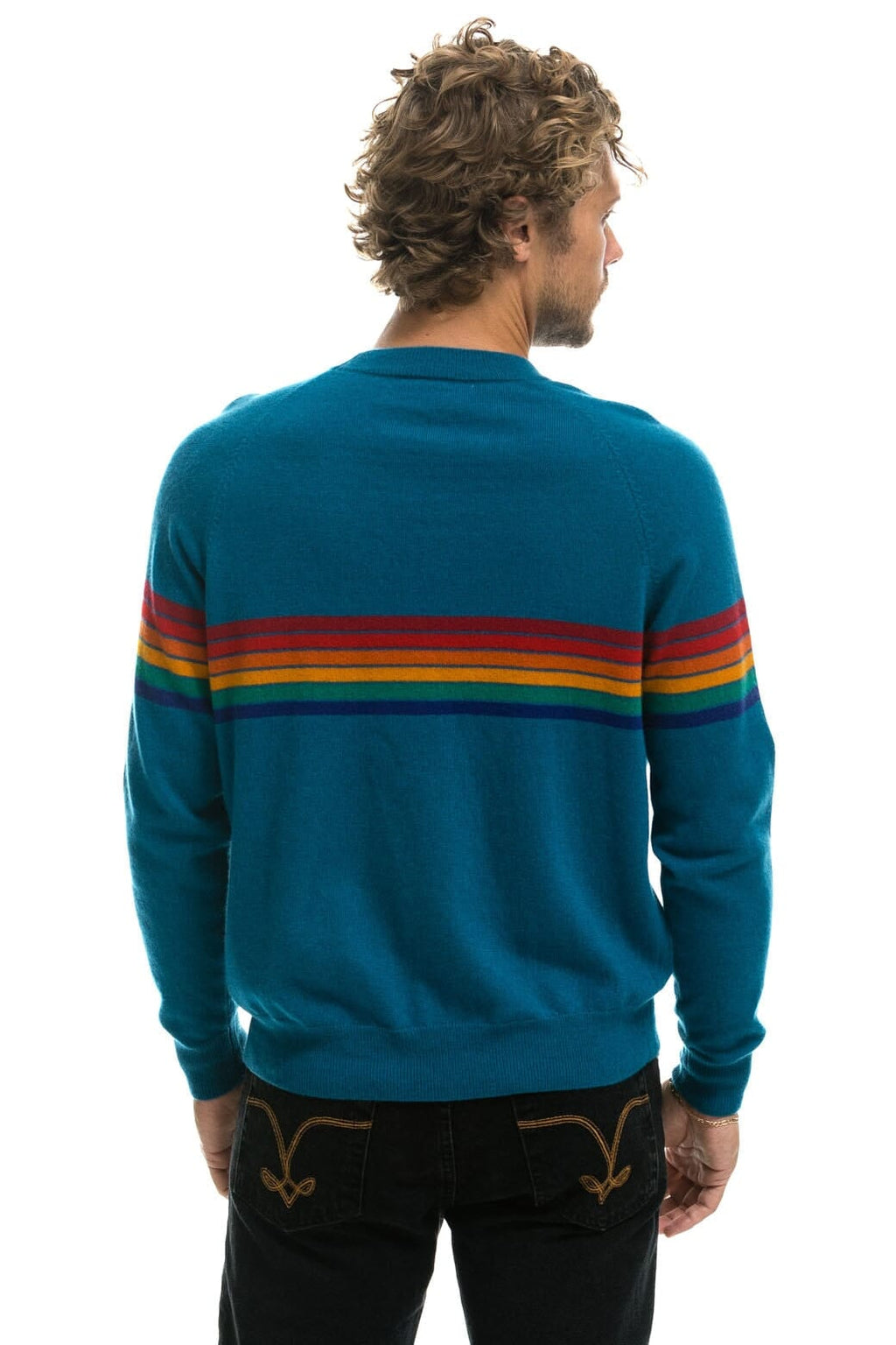 Retro RAINBOW STRIPE 6 UNISEX LIGHT CASHMERE SWEATER - PEACOCK